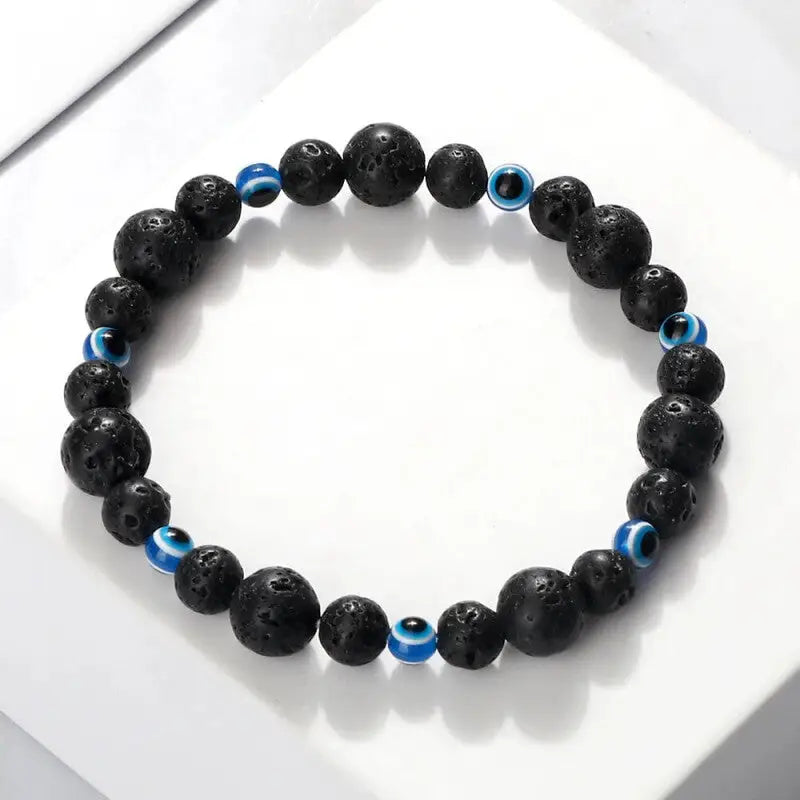 Natural Stones Blue Evil Eye Elastic Bracelet Black Lava