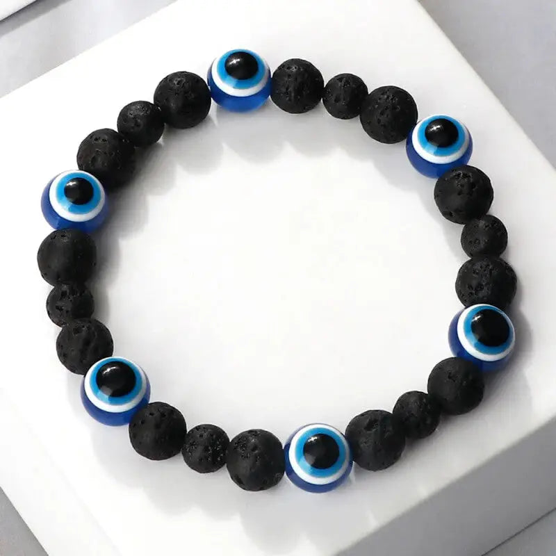 Natural Stones Blue Evil Eye Elastic Bracelet Black Lava.