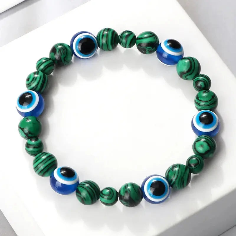 Natural Stones Blue Evil Eye Elastic Bracelet Malachite.