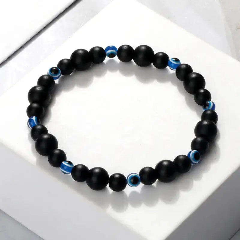 Natural Stones Blue Evil Eye Elastic Bracelet Matte Black