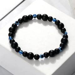 Natural Stones Blue Evil Eye Elastic Bracelet Matte Black