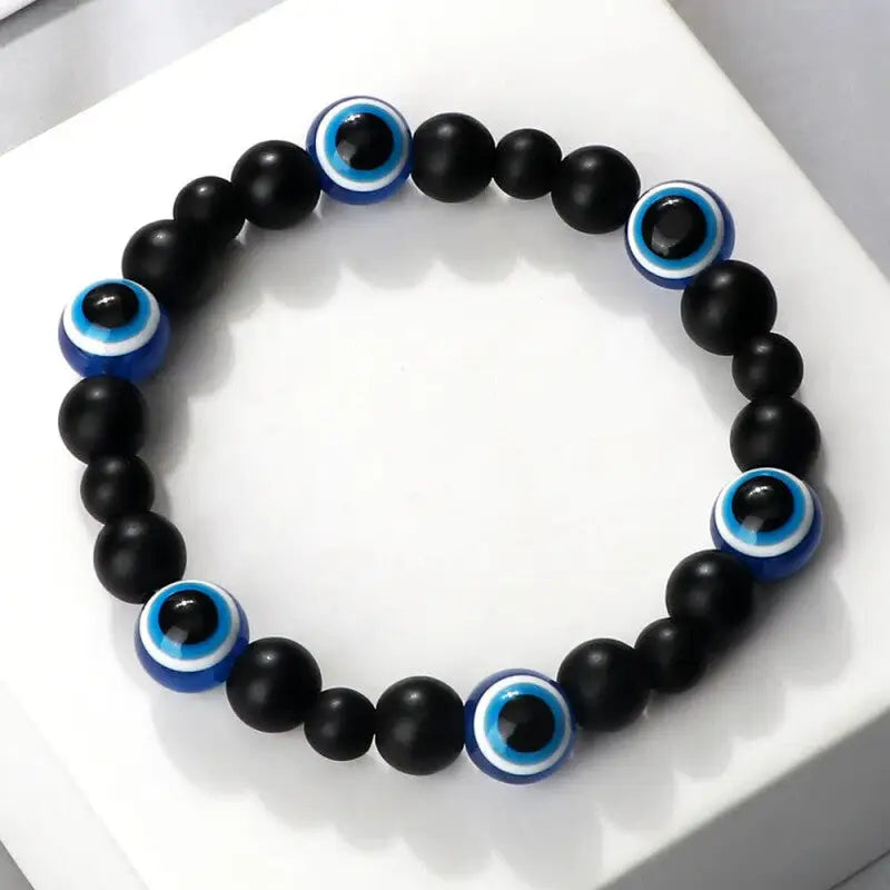 Natural Stones Blue Evil Eye Elastic Bracelet Matte Black.