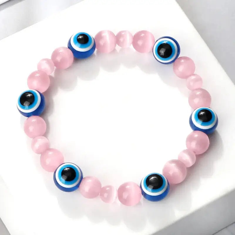 Natural Stones Blue Evil Eye Elastic Bracelet Pink Quartz.