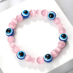 Natural Stones Blue Evil Eye Elastic Bracelet Pink Quartz.