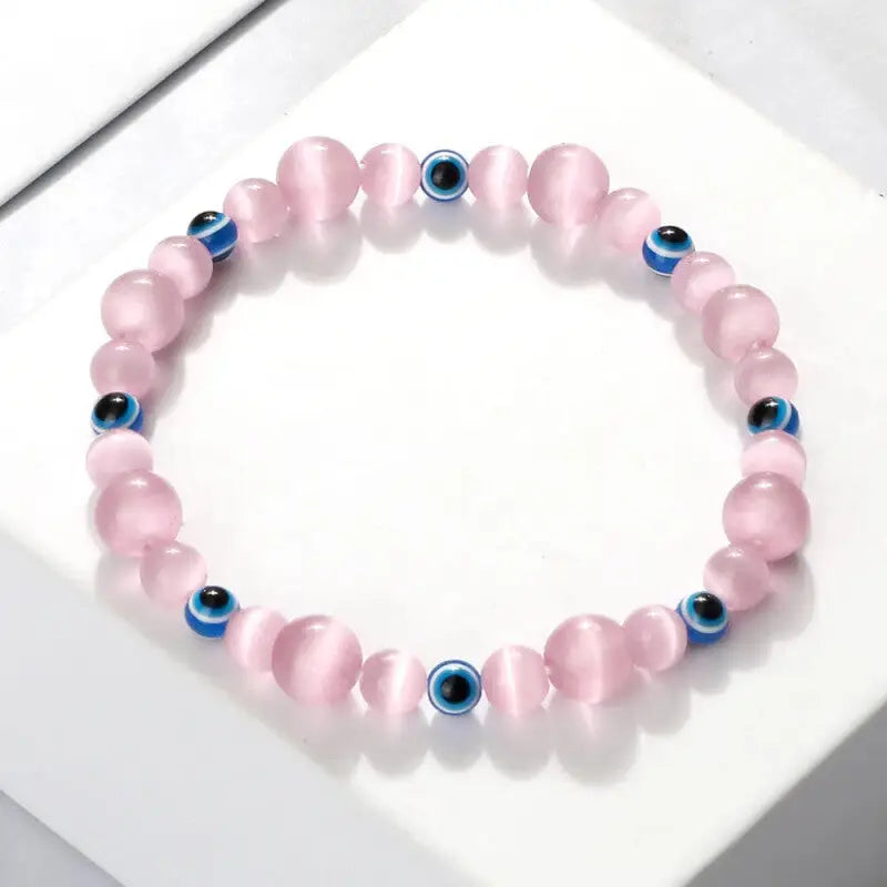 Natural Stones Blue Evil Eye Elastic Bracelet Pink Quartz