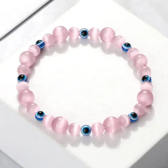 Natural Stones Blue Evil Eye Elastic Bracelet Pink Quartz