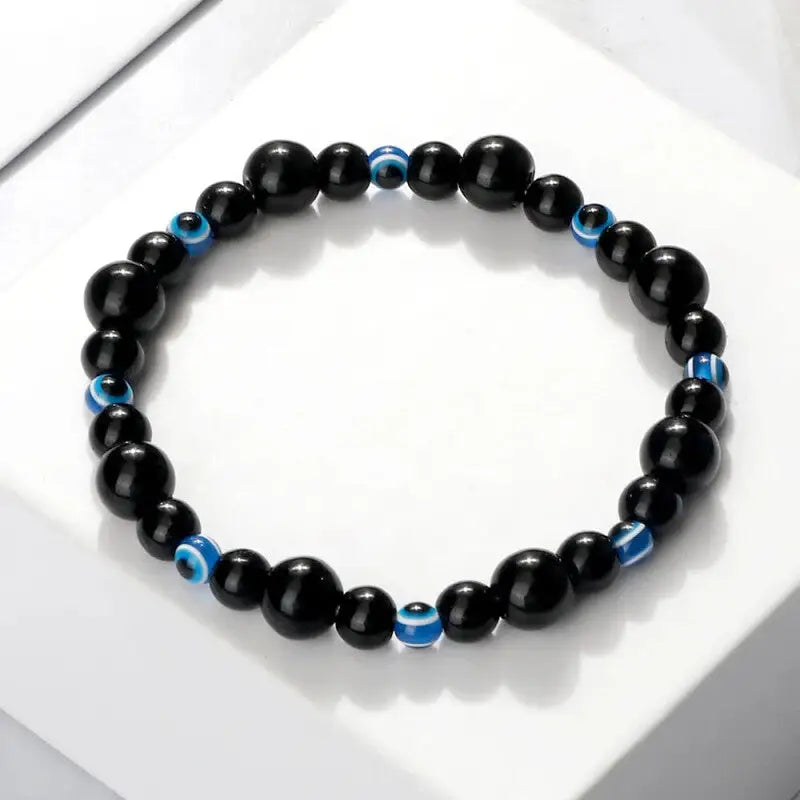Natural Stones Blue Evil Eye Elastic Bracelet Shiny Black