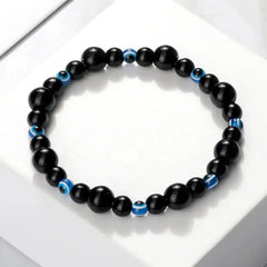 Natural Stones Blue Evil Eye Elastic Bracelet Shiny Black