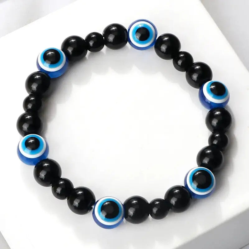 Natural Stones Blue Evil Eye Elastic Bracelet Shiny Black.