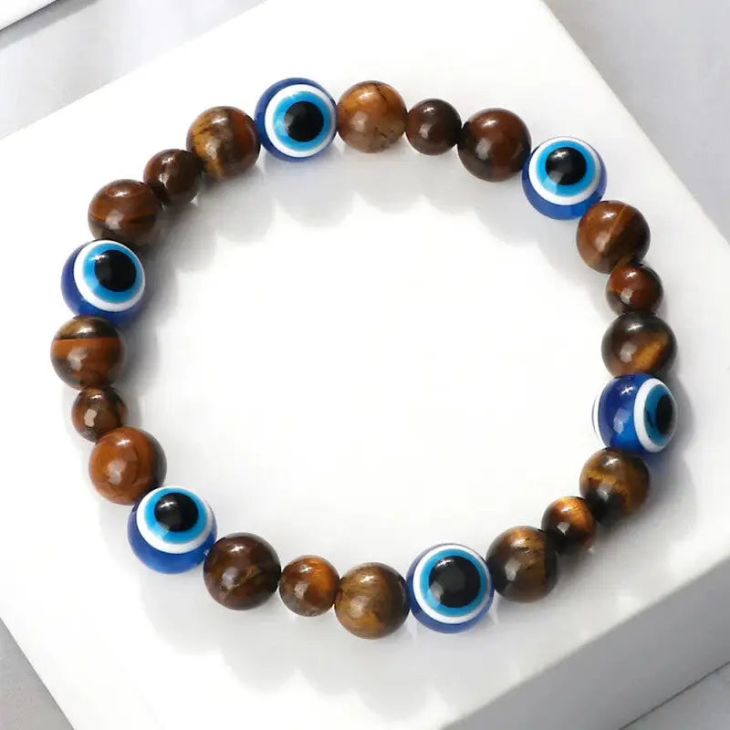 Natural Stones Blue Evil Eye Elastic Bracelet Tiger Eye.