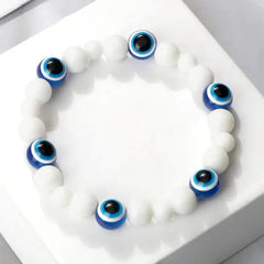 Natural Stones Blue Evil Eye Elastic Bracelet White Elastic.