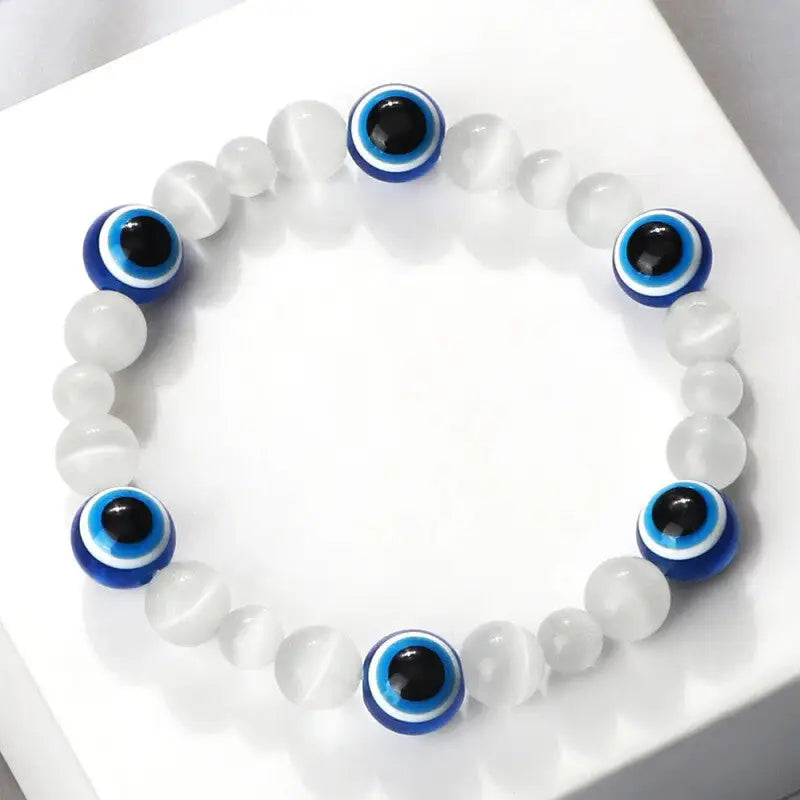 Natural Stones Blue Evil Eye Elastic Bracelet White Quartz.
