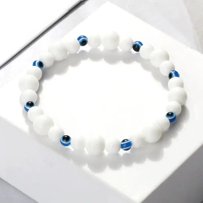 Natural Stones Blue Evil Eye Elastic Bracelet White Quartz