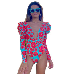 Nature Print Long Sleeve Swimwear One Piece