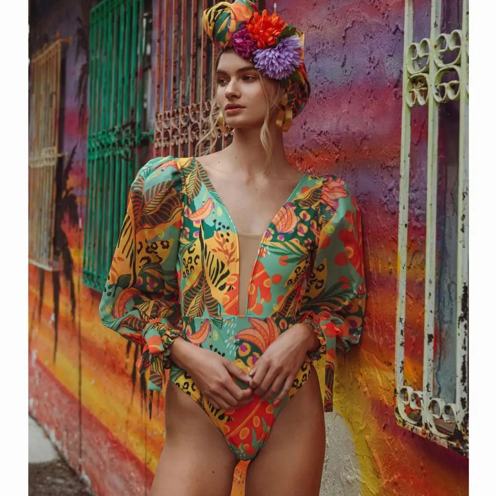 Nature Print Long Sleeve Swimwear One Piece Orange / S