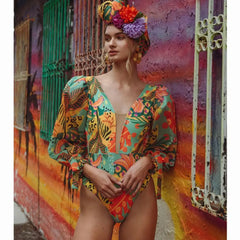 Nature Print Long Sleeve Swimwear One Piece Orange / S