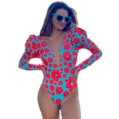Nature Print Long Sleeve Swimwear One Piece Pink / S