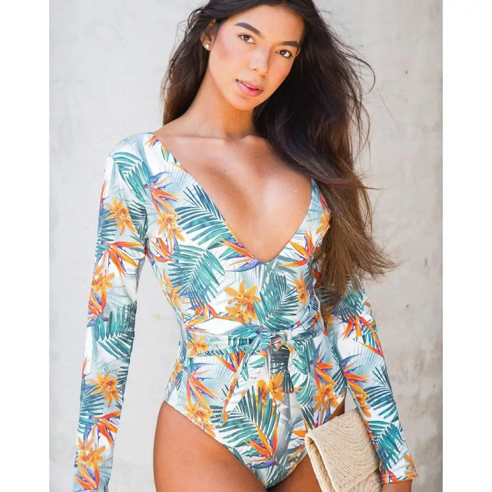 Nature Print Long Sleeve Swimwear One Piece White / S