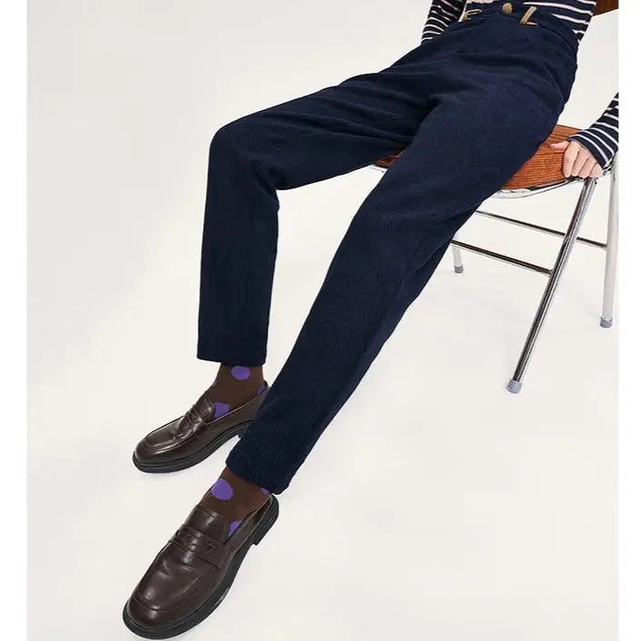 Navy Blue Corduroy Straight High Waist Jogger Pants