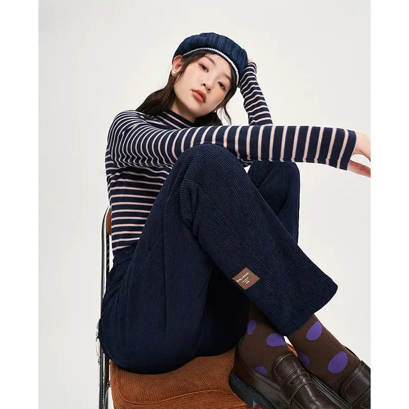 Navy Blue Corduroy Straight High Waist Jogger Pants