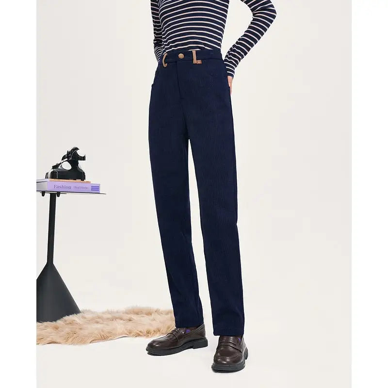 Navy Blue Corduroy Straight High Waist Pants - Jogger