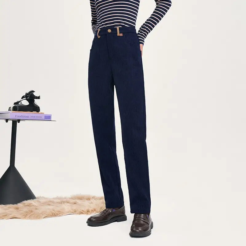 Navy Blue Corduroy Straight High Waist Pants