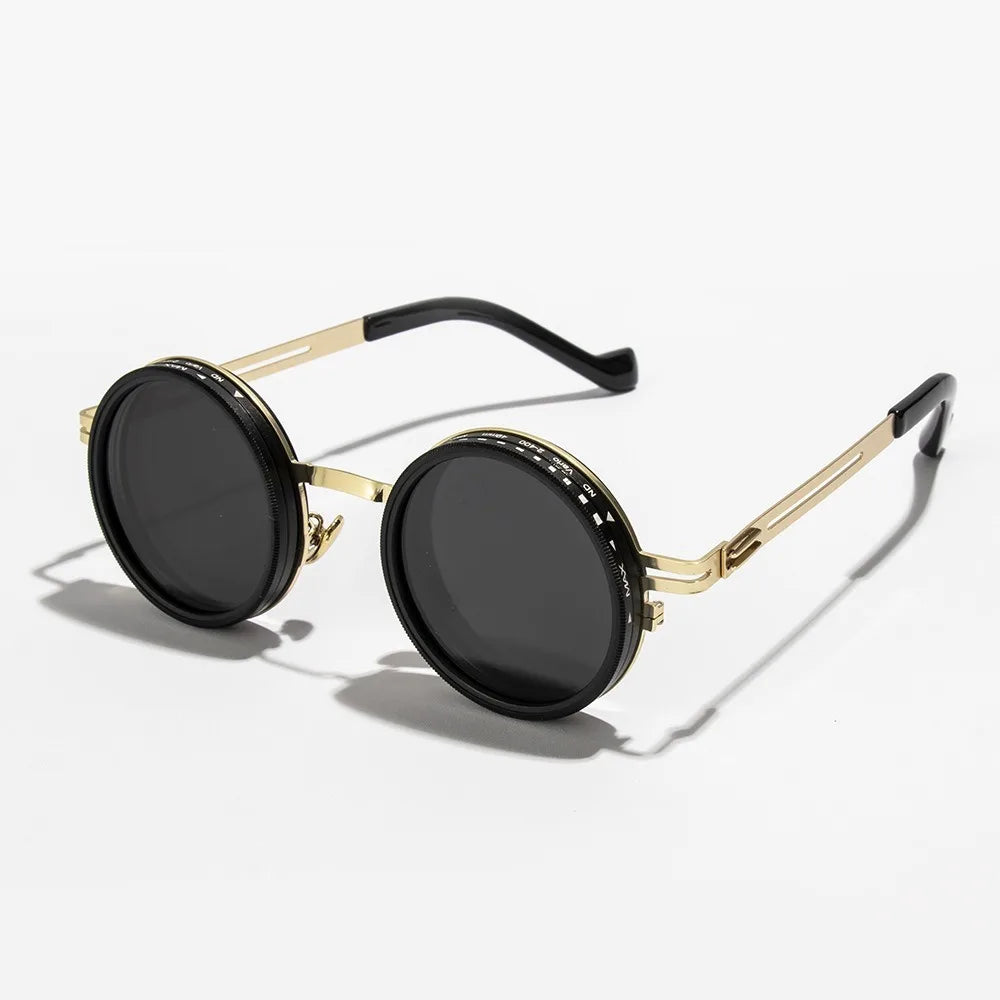 ND2 400 adjustable dimming round sunglasses with gold and black frames, anti glare lenses