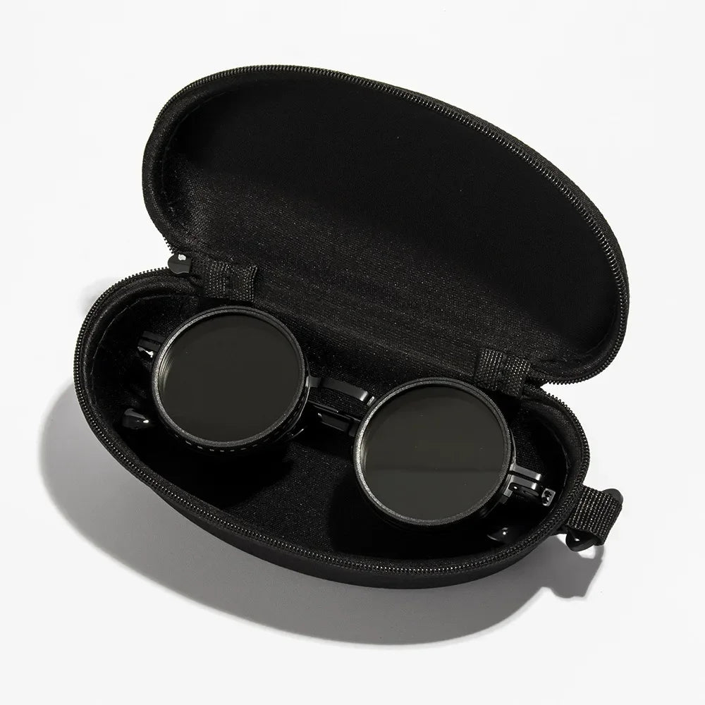 ND2 400 adjustable dimming sunglasses showcasing black lens material and gold temple detail from side angle