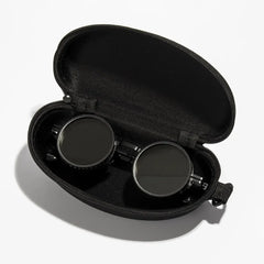 ND2 400 adjustable dimming sunglasses showcasing black lens material and gold temple detail from side angle