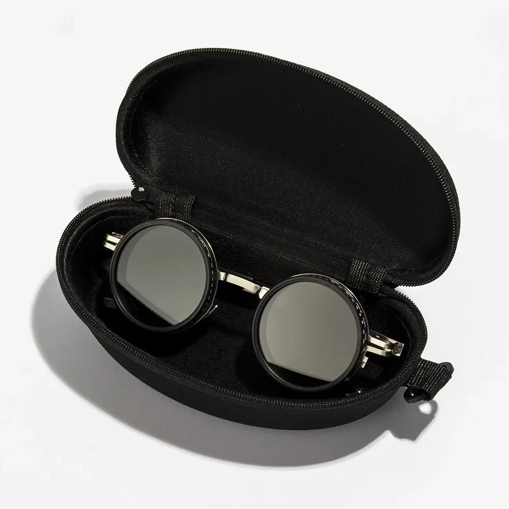 ND2 400 adjustable dimming sunglasses showing gold and black frame detail with anti glare lens material