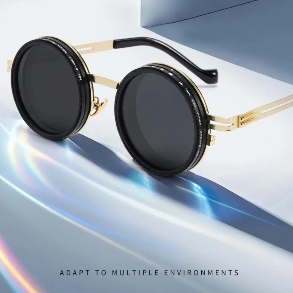 ND2 400 adjustable dimming sunglasses showing gold and black frame detail with anti glare lens technology
