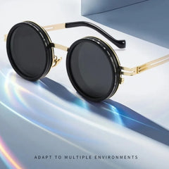 ND2 400 adjustable dimming sunglasses showing gold and black frame detail with anti glare lens technology
