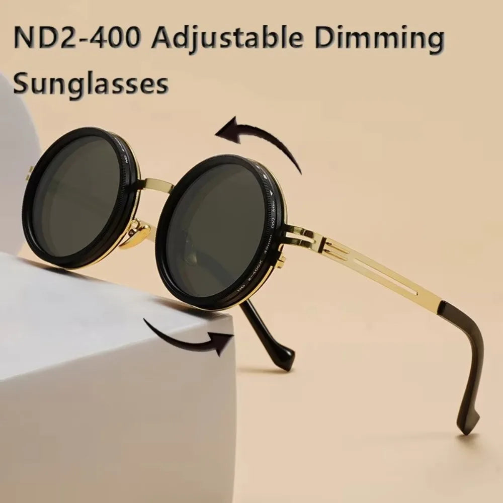 ND2 400 adjustable dimming sunglasses with gold frame and black lens detail close-up