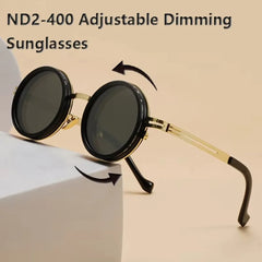 ND2 400 adjustable dimming sunglasses with gold frame and black lens detail close-up