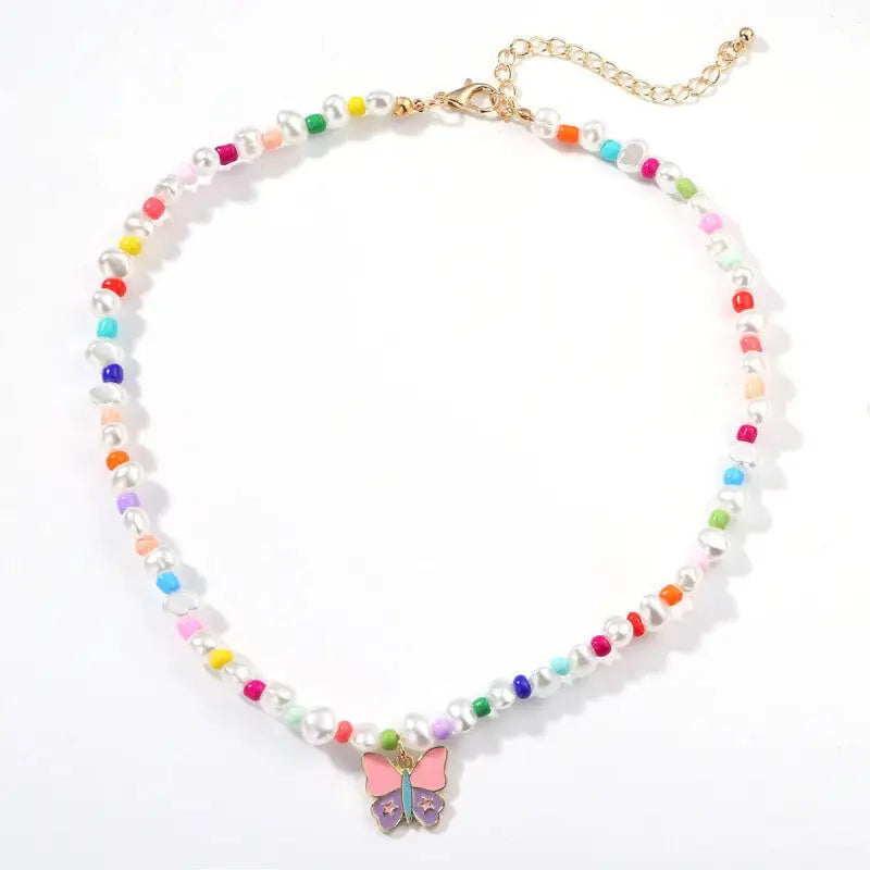 Necklace with Colorful Beads Pearls Butterfly Dangle Chain