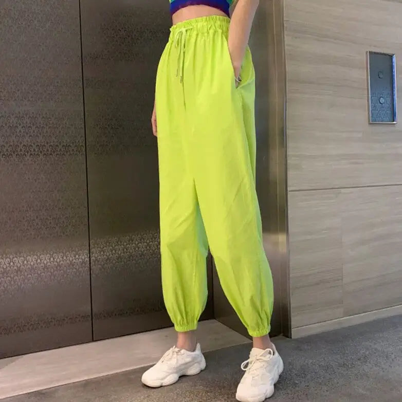 Neon Green Solid Color Cargo Pants for Women