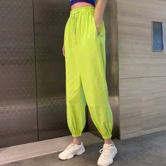 Neon Green Solid Color Cargo Pants for Women