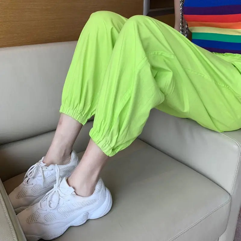 Neon Green Solid Color Cargo Pants for Women