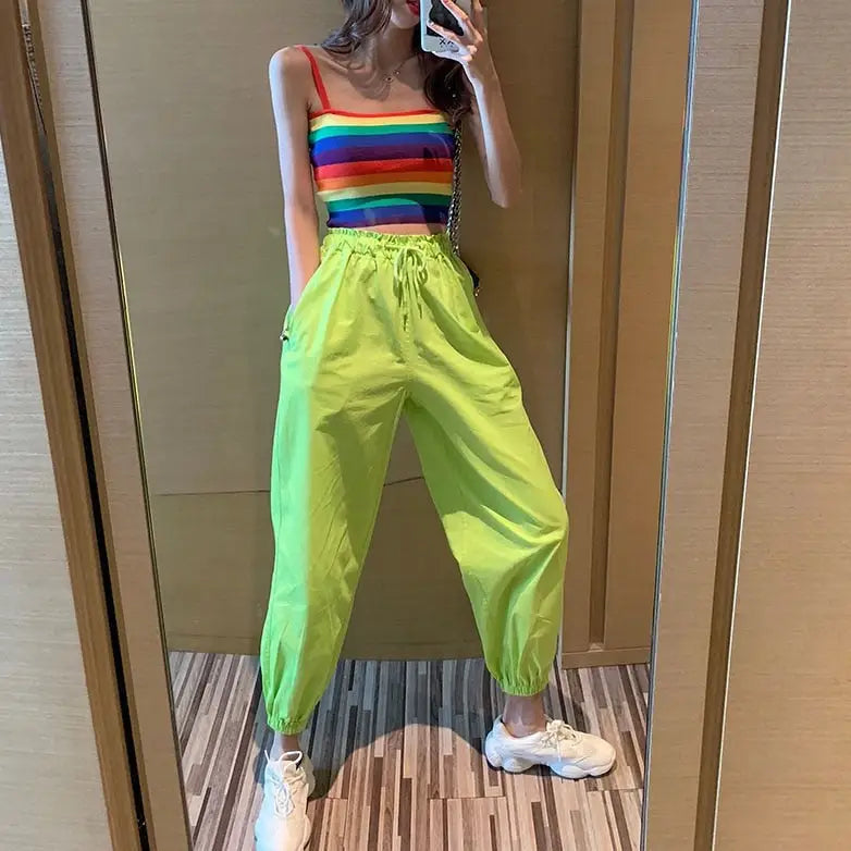 Neon Green Solid Color Cargo Pants for Women Green1 / S