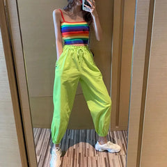 Neon Green Solid Color Cargo Pants for Women Green1 / S