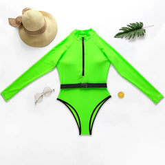 Neon One-Piece Long-Sleeve Swimwear with Zipper and Belt