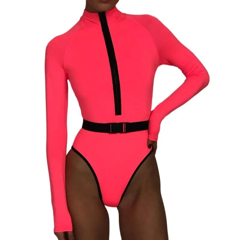 Neon One-Piece Long-Sleeve Swimwear with Zipper and Belt