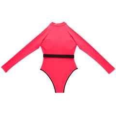 Neon One-Piece Long-Sleeve Swimwear with Zipper and Belt