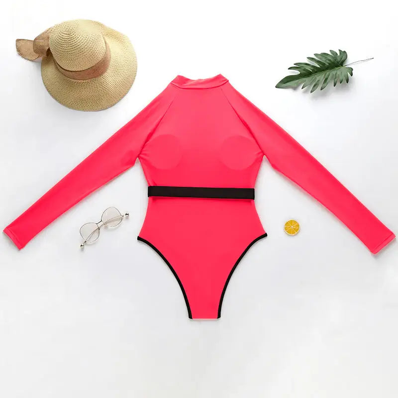 Neon One-Piece Long-Sleeve Swimwear with Zipper and Belt