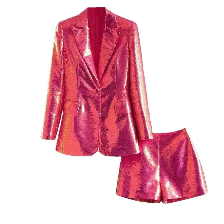 Neon Pink Sequin Turn Down Neck Suit