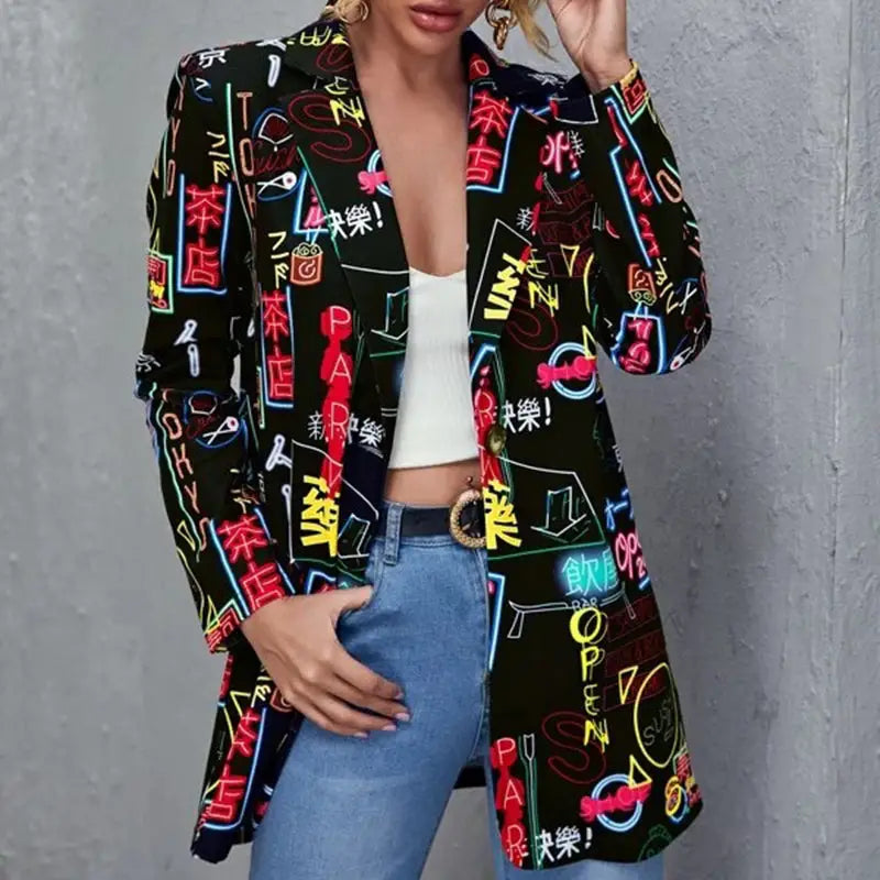 Neon Signs Letters Print Double Breasted Lapel Blazer Black