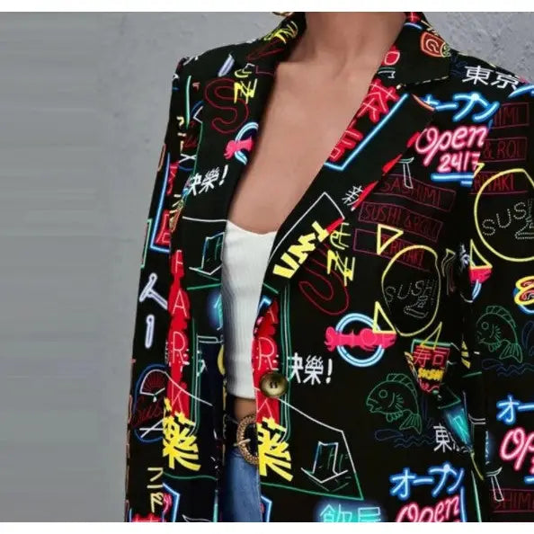 Neon Signs Letters Print Long Sleeves Lapel Suit Blazer