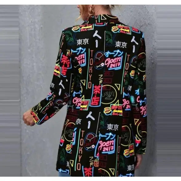 Neon Signs Letters Print Long Sleeves Lapel Suit Blazer