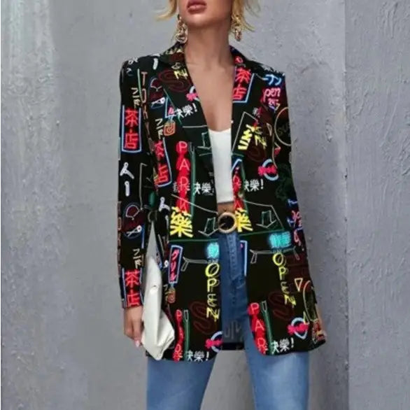 Neon Signs Letters Print Long Sleeves Lapel Suit Blazer