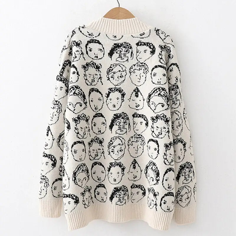 New Comic Face V Neck Cardigan Sweater